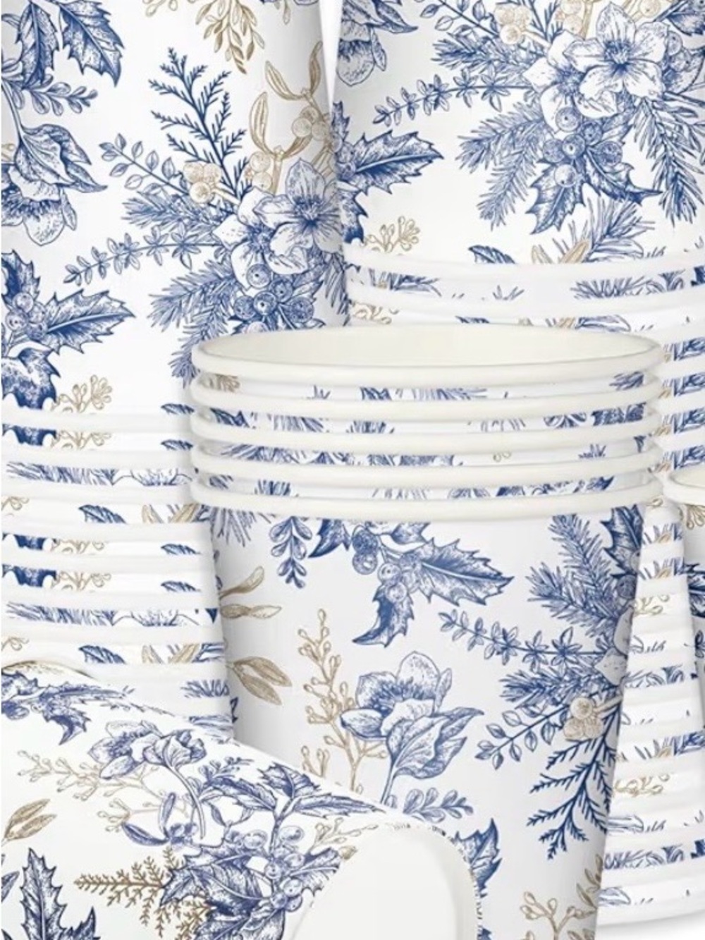 90 Blue & Gold Botanical Disposable Party Cups - Premium Tableware